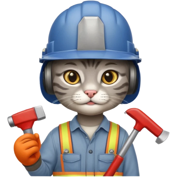 gray cat, handyman Outfit, wearing a Helmet emoji