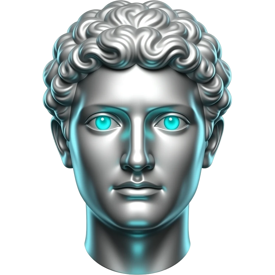 A polished chrome stoic Greek statue head front facing with glowing cyan (#00D4B1) eyes, no background. Metallic reflections with subtle cyan light accents. with cash falling in the background emoji