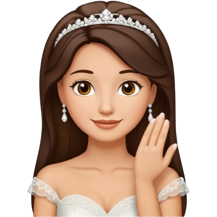 White tanned skin bride with dark hazel hair with a chin on her face emoji