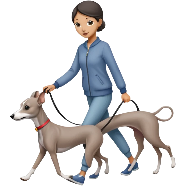 Beautiful Asian girl with cute features walking an all grey Italian greyhound with no white nose emoji
