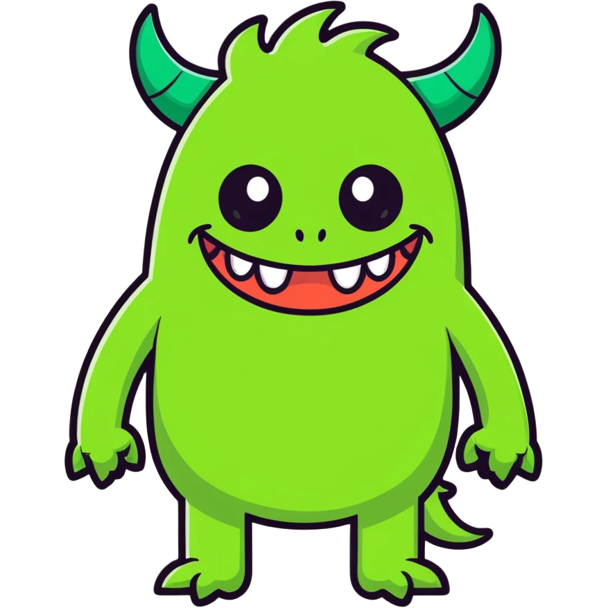 funny green monster, no teeth, small horns, smiling emoji