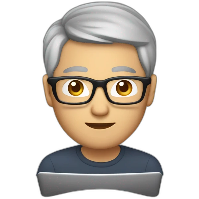 Aged 45 Asian Guy with rimless glasses coding on the macbook emoji
