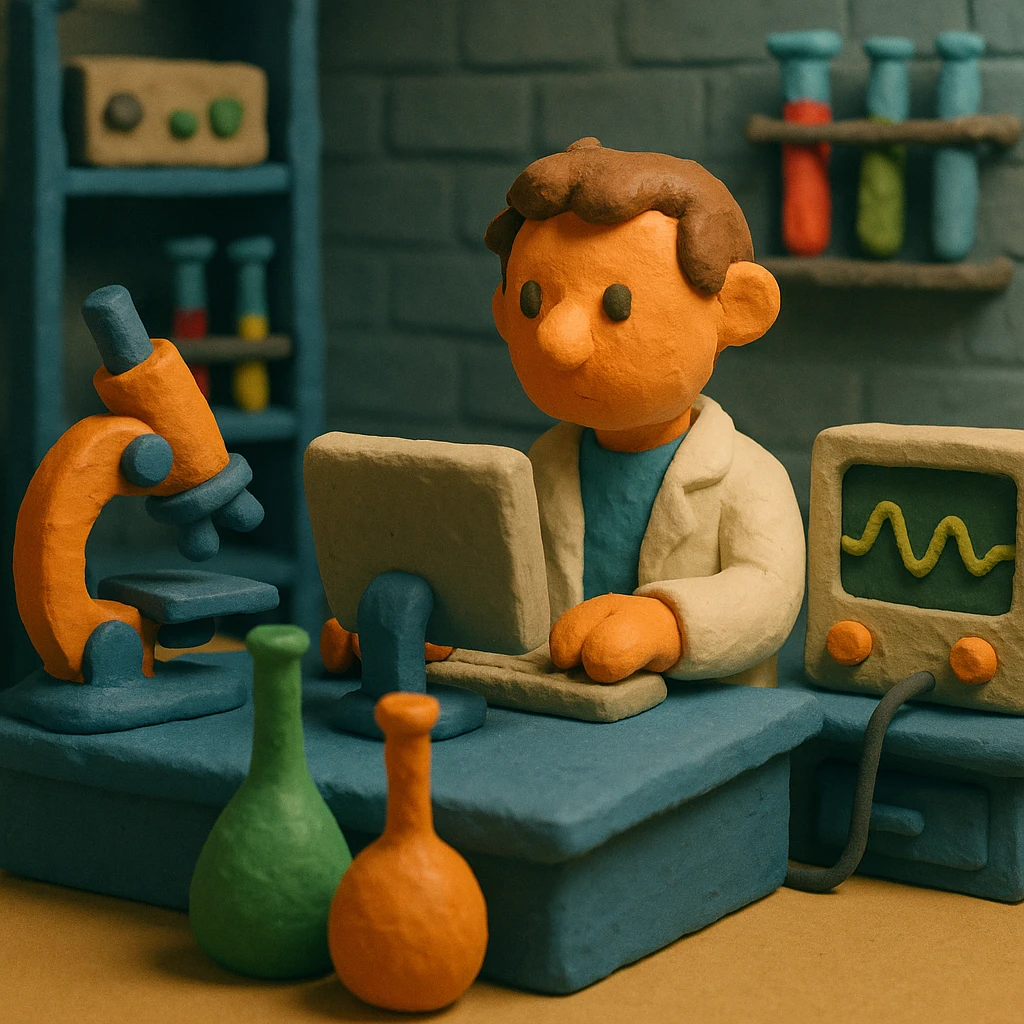 claymation style tech lab, soft textures, playful look emoji
