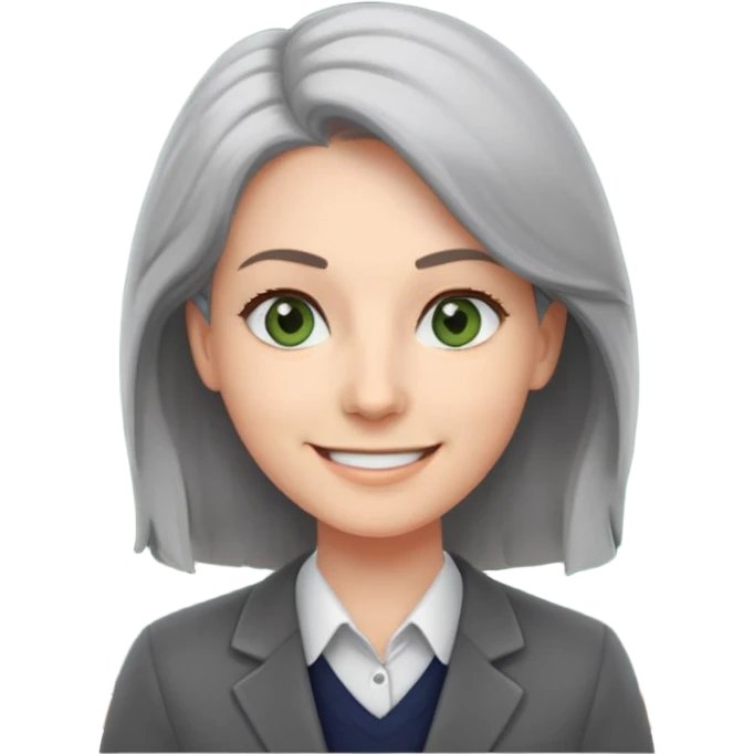 smiling English teacher with airtouch hair and grey-green eyes standing in front of a classroom with chalkboard emoji