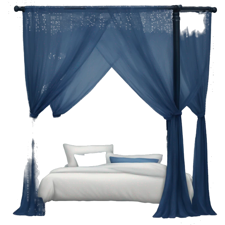 Midnight blue canopy bed with sheer curtains emoji