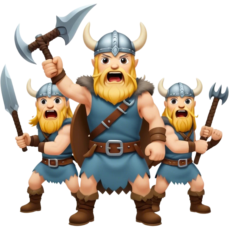 three Vikings are screaming, weapons in their hands
realistic emoji