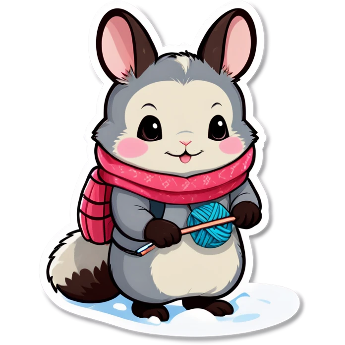 Cute girl chinchilla knitting on snow skis emoji