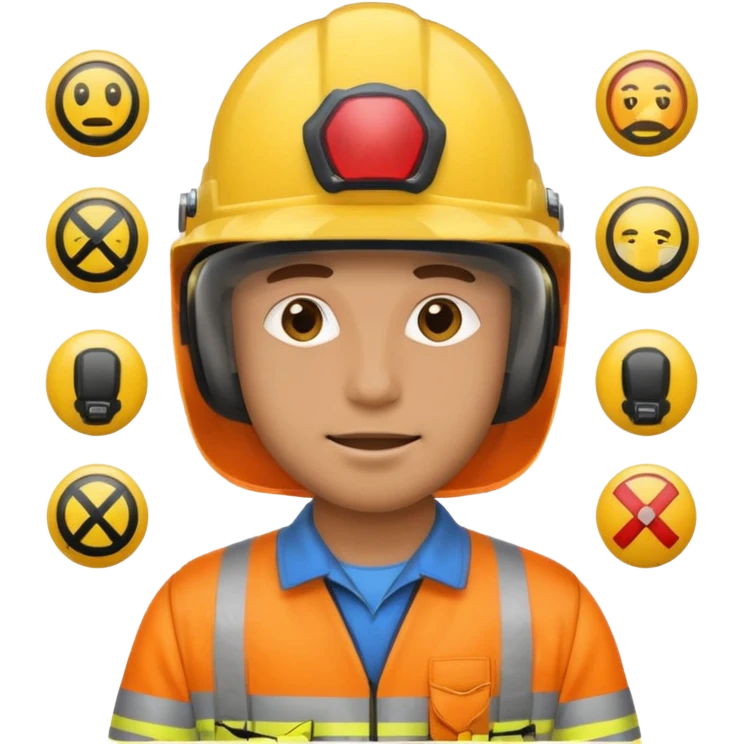 a guy wearing safety outfit with helmet standing , around him safety gears emojis  emoji