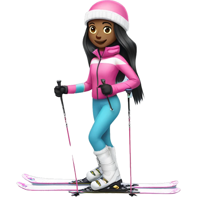 African Skier girl with long black straight hair and pink gear show skis and legs  emoji