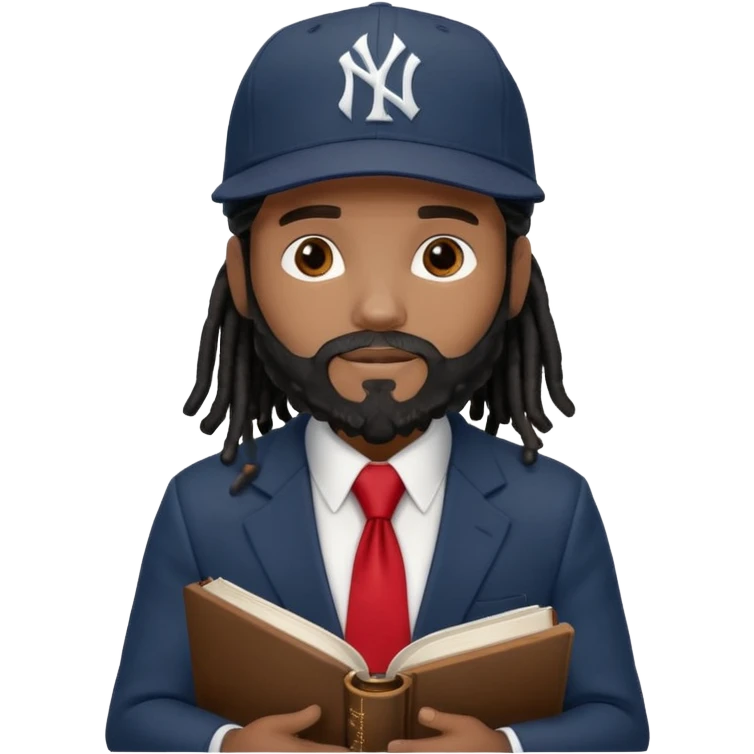 African American man with shoulder length black dreadlocks with black beard wearing a New York Yankees logo baseball cap wearing a suit with red tie walking right with a Bible in hand emoji