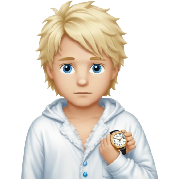 Create a look for a blond boy with long, tousled hair, light eyes, a white sweater, a wealthy appearance, blue eyes, and accessories like a Rolex or Cartier watch, and a cute face with messy hair down. blue eyes + + pajama white fluffy emoji