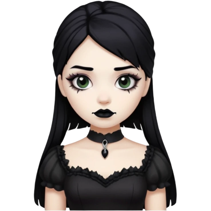 a girl with white skin and black lipstick and goth dress and black hair emoji