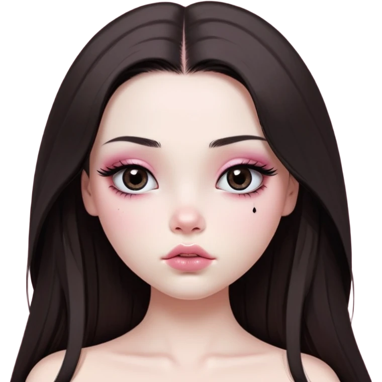girl with white skin, dark brown long realistic straight hair with middle part prominently falling in front of her body over her shoulders, very big pouty extra shiny lips with absolutely no cupid's bow, big round eyes with very black shiny eyeballs and huge eyelashes, no eyeshadow, pink blush on cheeks, lighter button nose, extremely long oval-shaped face, wearing a pink off-shoulder top, looking directly at camera with hands down at sides emoji