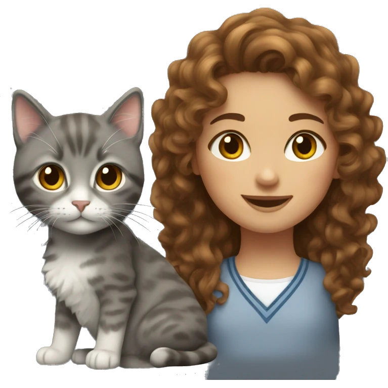 Girl with curly brown hair with grey scotland cat emoji