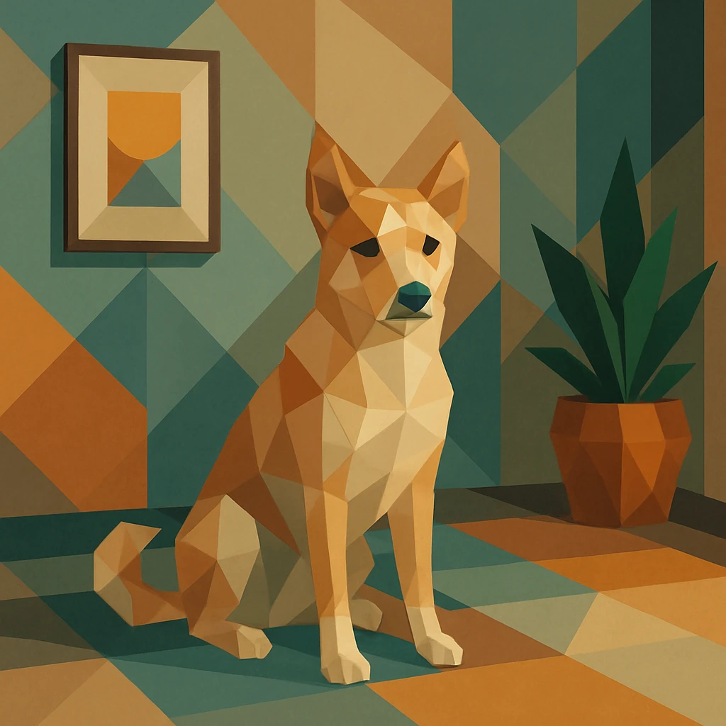 a dog in a room with geometric decor, polygonal style emoji