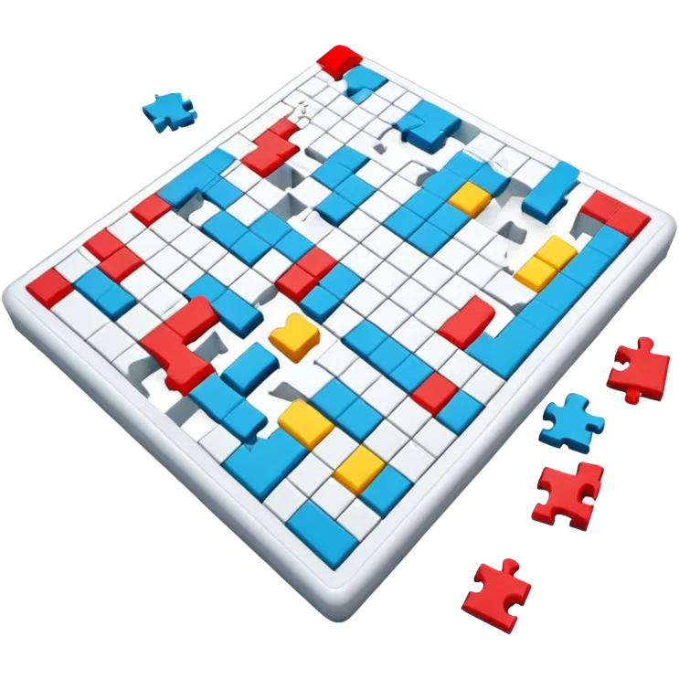 A photorealistic icon with a crossword magazine, a 3D puzzle and a partially completed puzzle on a table. Bright, detailed design with realistic lighting. Transparent background, clearly symbolizing puzzles and brain games. emoji