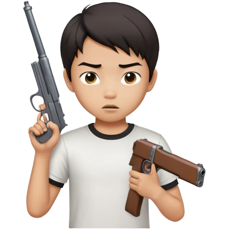 a young asian boy with middle part hair, white graphic tee, holding a gun with an expressionalic face emoji