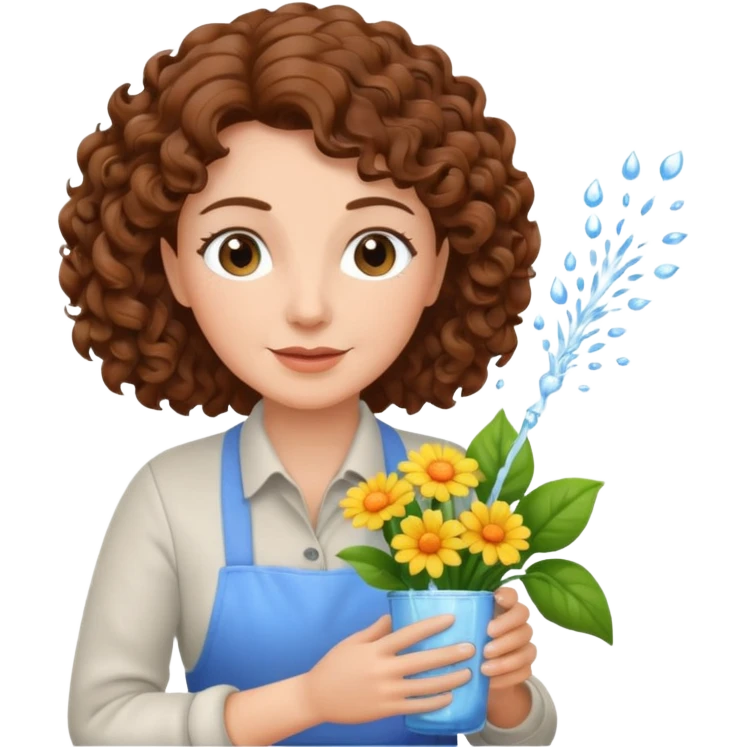 Older female florist – curly hair, spraying water on fresh flowers emoji