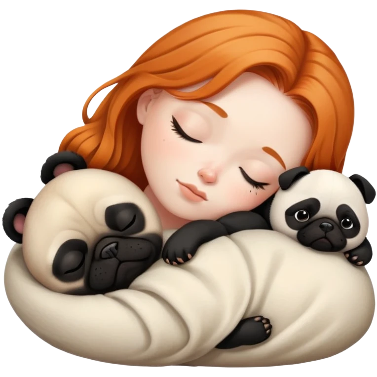Sleeping ginger girl with black pug puppy and panda pug emoji