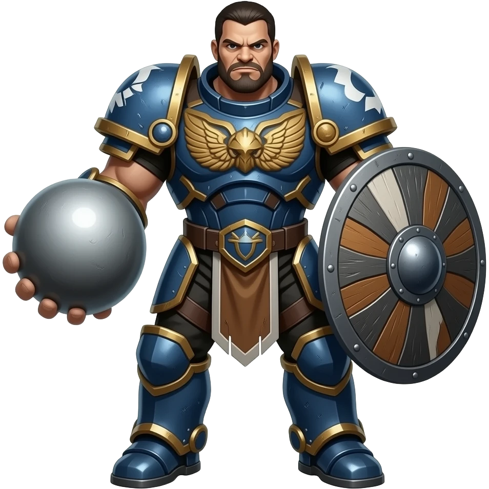 a  fearful gaint standing dressed in war outfit holding a huge sphere and big shield in this hand emoji