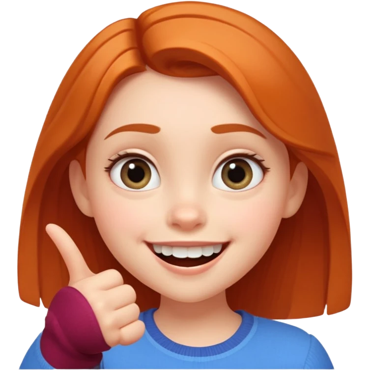 Transform this selfie of a smiling girl pointing at her teeth into a Pixar-style animated character, with large expressive eyes, soft lighting, and a cheerful atmosphere emoji