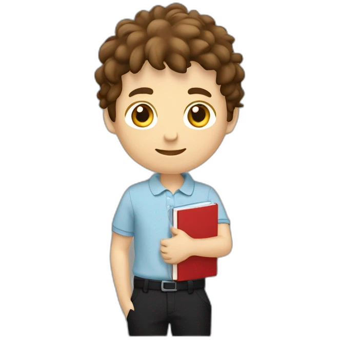 Caucasian-boy-child-shaggy-brown-hair-red-polo-shirt-black-trousers-doing-homework emoji
