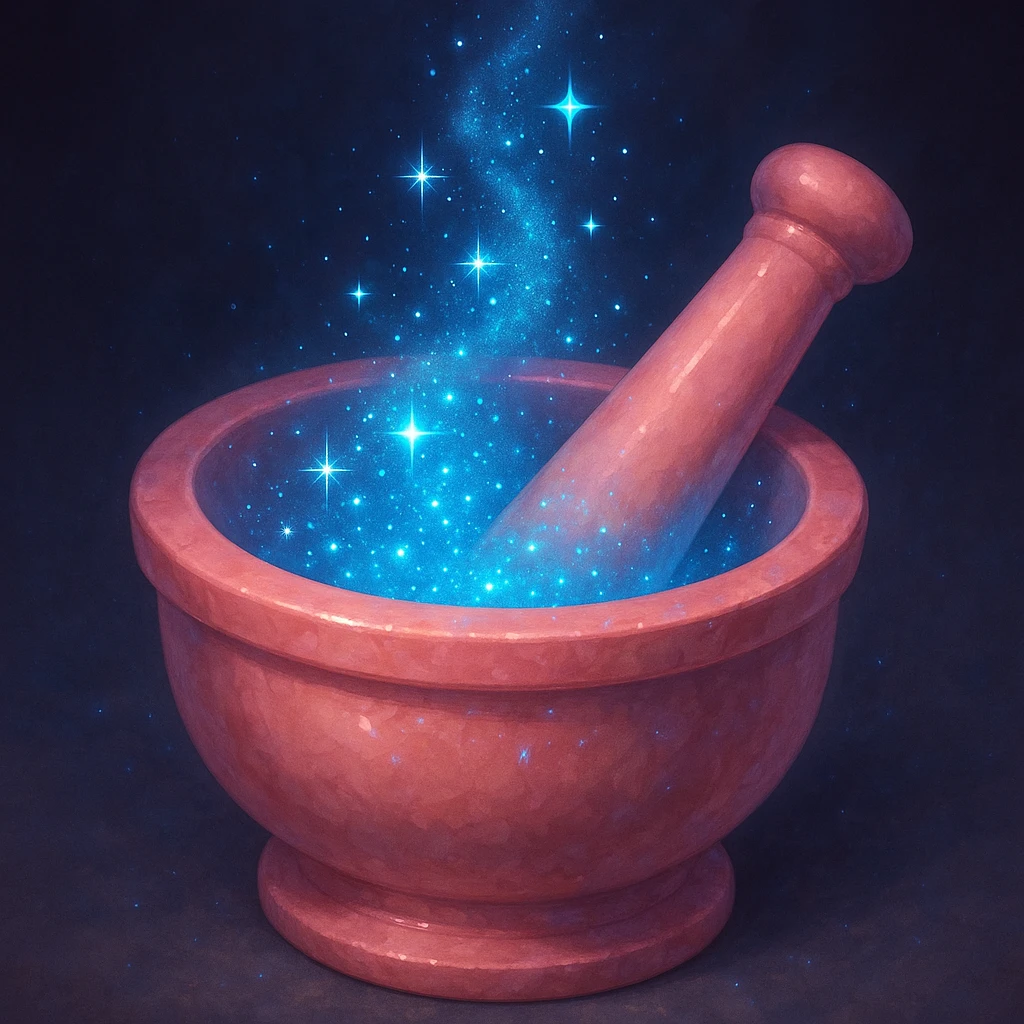 a pink mortar and pestle with sparkling blue fairy dust, magical, no text emoji