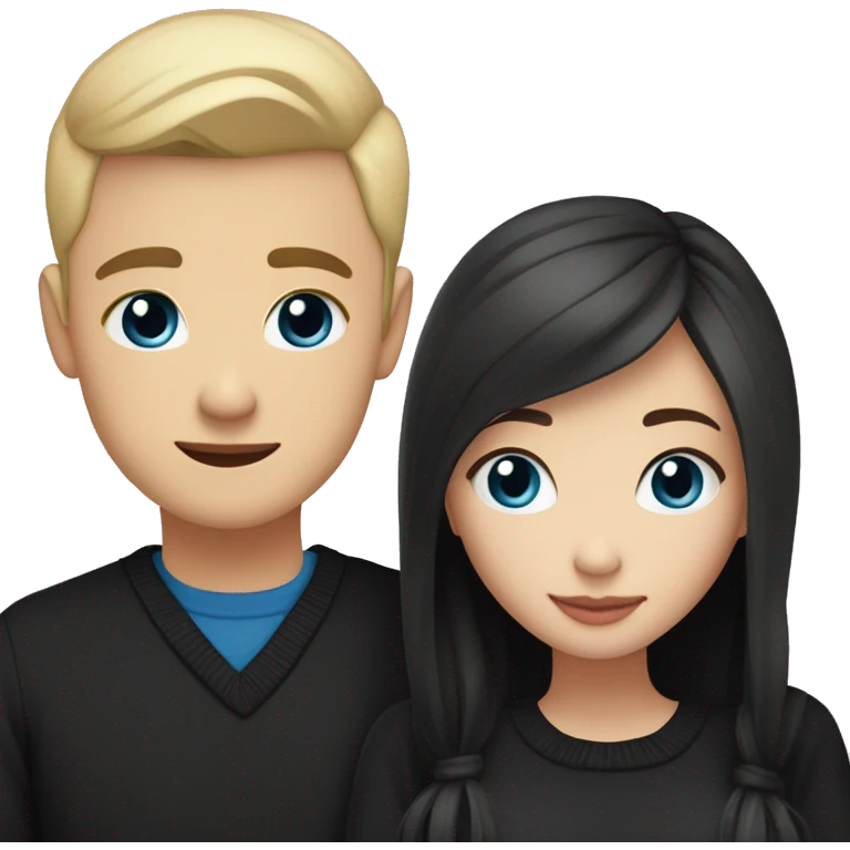 Blonde girl with blue eyes in black sweater and an east asian with light skin man with black hair and black eyes hugging emoji