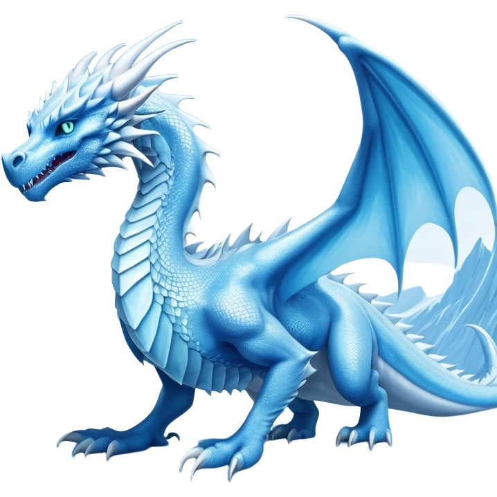 Cinematic Noble wise elegant Ice Dragon full body  Emoji, Poised and imposing, distinct long elegant snout, with a slender, scaled body shimmering in glacial hues of icy blue, frostbitten silver, and crystalline white, breathing out frost, with piercing, glowing ice blue white eyes that radiate the chilling depths of an arctic storm; rendered in detail. excuding wisdom emoji