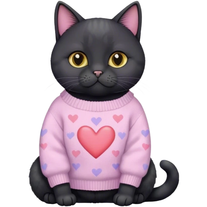 cute black british cat sitting 
 in a cute pastel sweater with hearts emoji