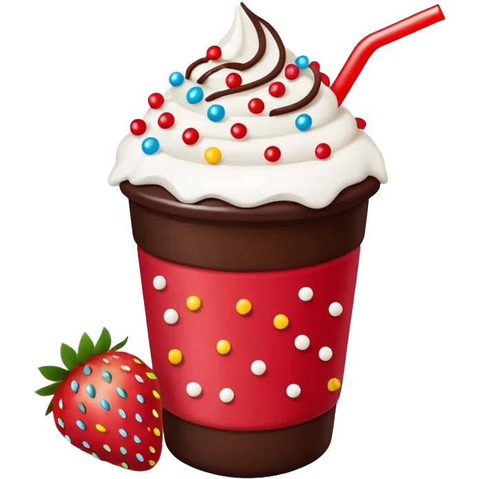 Un vaso plástico cubierto de chocolate que arriba se vea crema batida que por encima se vean fresas y chispas de colores  emoji