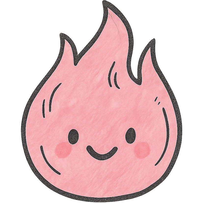 cute hand-drawn style pink flame with bold outlines, stylized shadows and highlights, friendly charming shape emoji