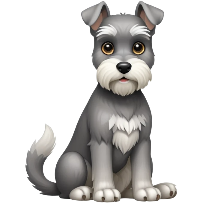 cinematic-[schnauzer]-realistic-full-body-sitting-emoji,-tail-resting-loosely-beside-its-paws,white eyes-head-tilted-dramatically, -sleek-[grey]-fur,-simplified-yet-realistic-focused-features,-highly-detailed,-glowing-with-an-almost-sarcastic-glow emoji