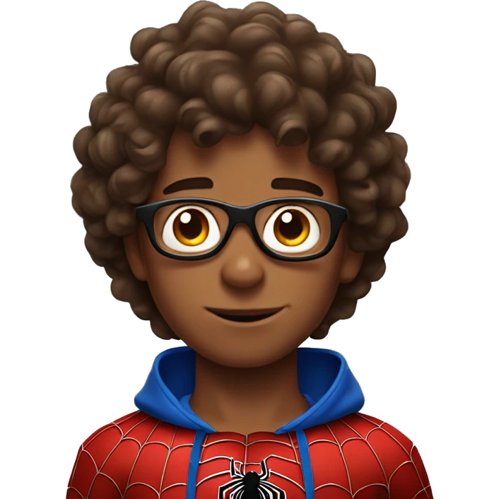 boy with curly brown hair dressed as spider man emoji