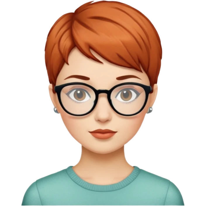 woman in her 20s with auburn pixie cut (side part) and glasses emoji