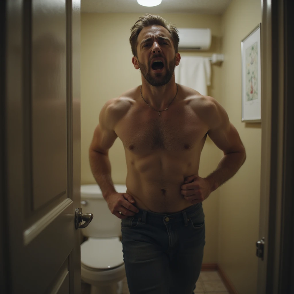 man running towards bathroom with urgent expression, suffering face, abdominal bloating, hyperrealistic 4K details, realistic atmosphere, domestic environment emoji