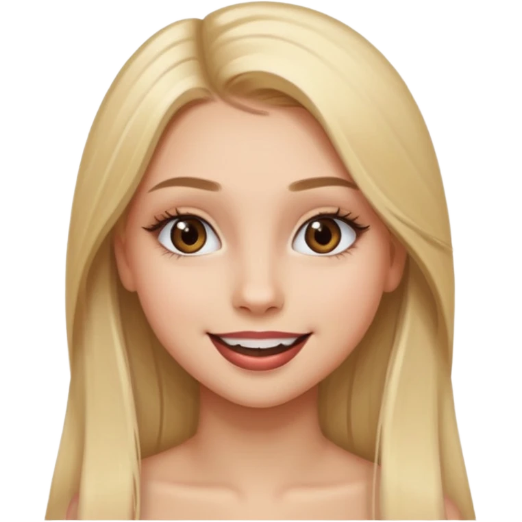 una chica con pose divertida de 18 años con los labios con pintalabios nude y los ojos maquillados, de piel blanca con el pelo liso, largo y rubio, ojos marrones emoji