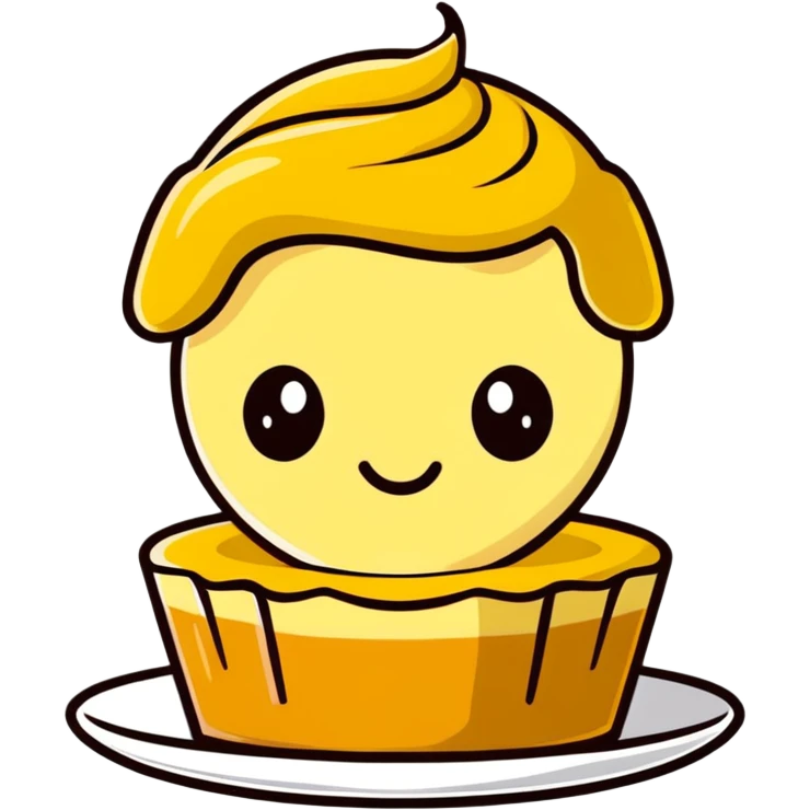 sticker emoji of a custard flan dessert, top shaped like François Fillon's head and hairstyle, friendly expression emoji