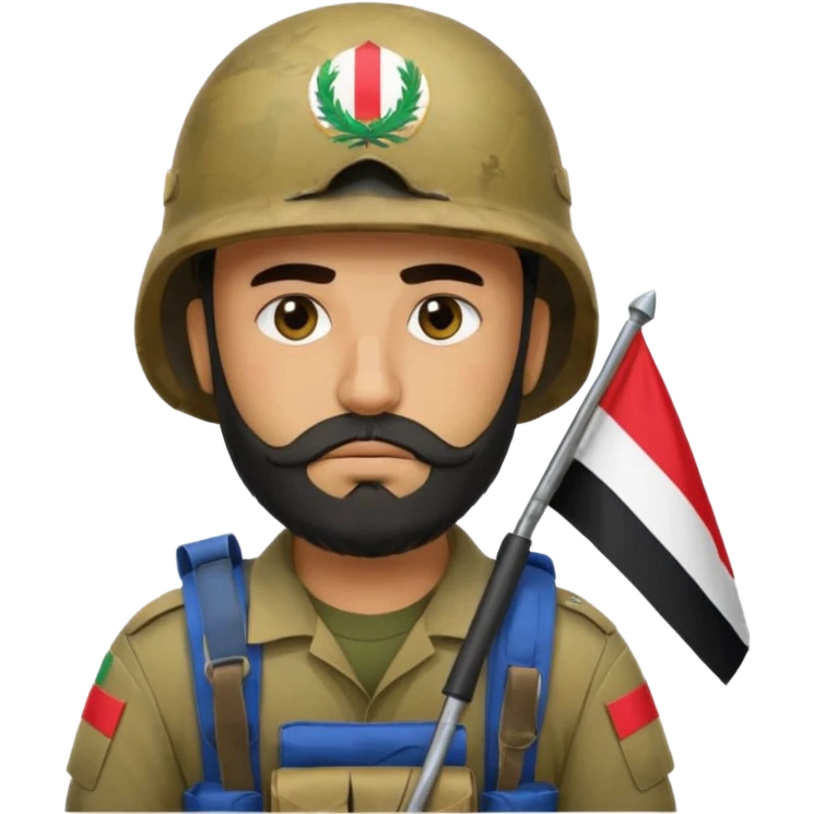 A very tired and sad, swarthy Iraqi soldier with a beard, an Iraqi flag on his helmet, a sad expression and bags under his eyes emoji