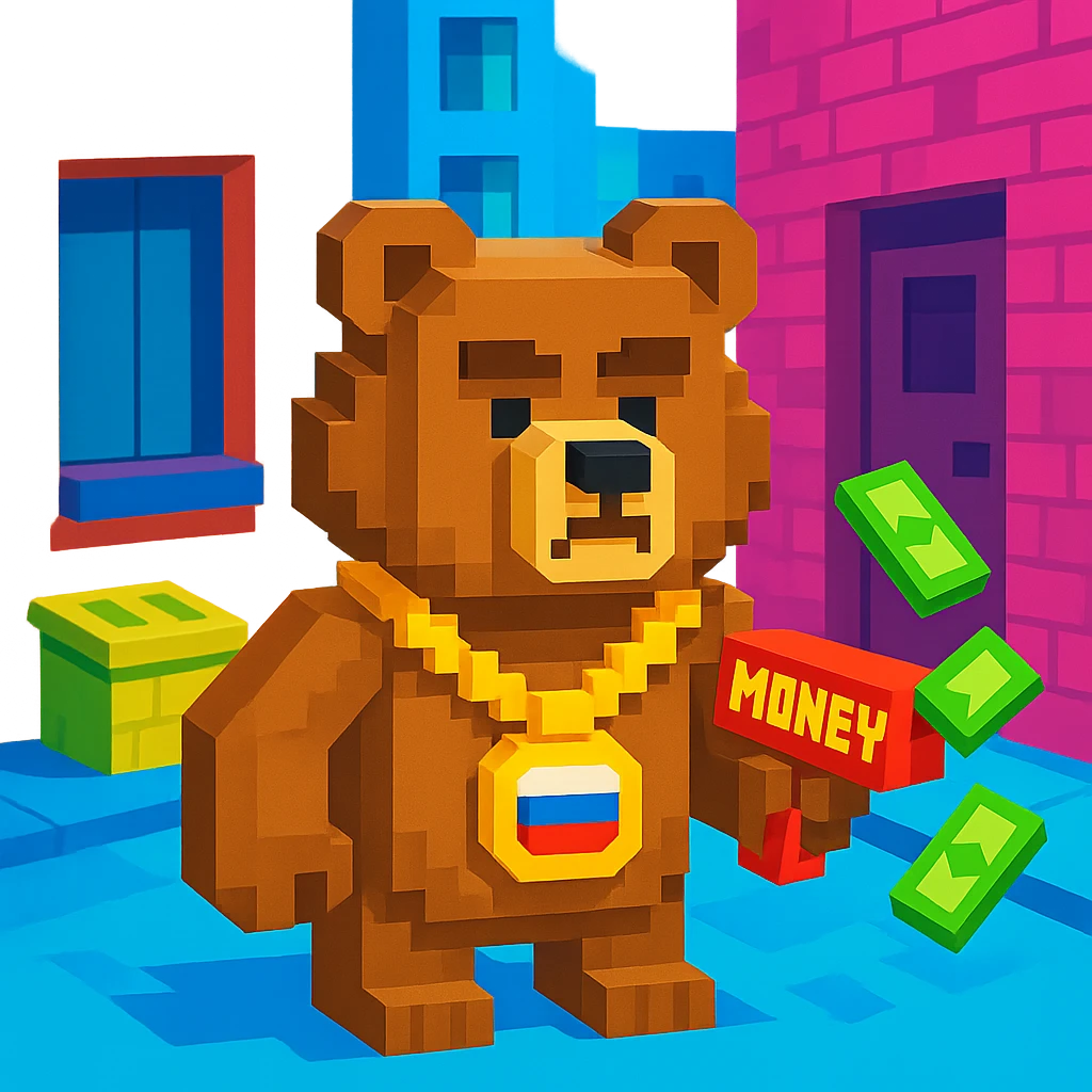 Russian grizzly bear with a rapper chain and a money gun, standing in a city alley emoji