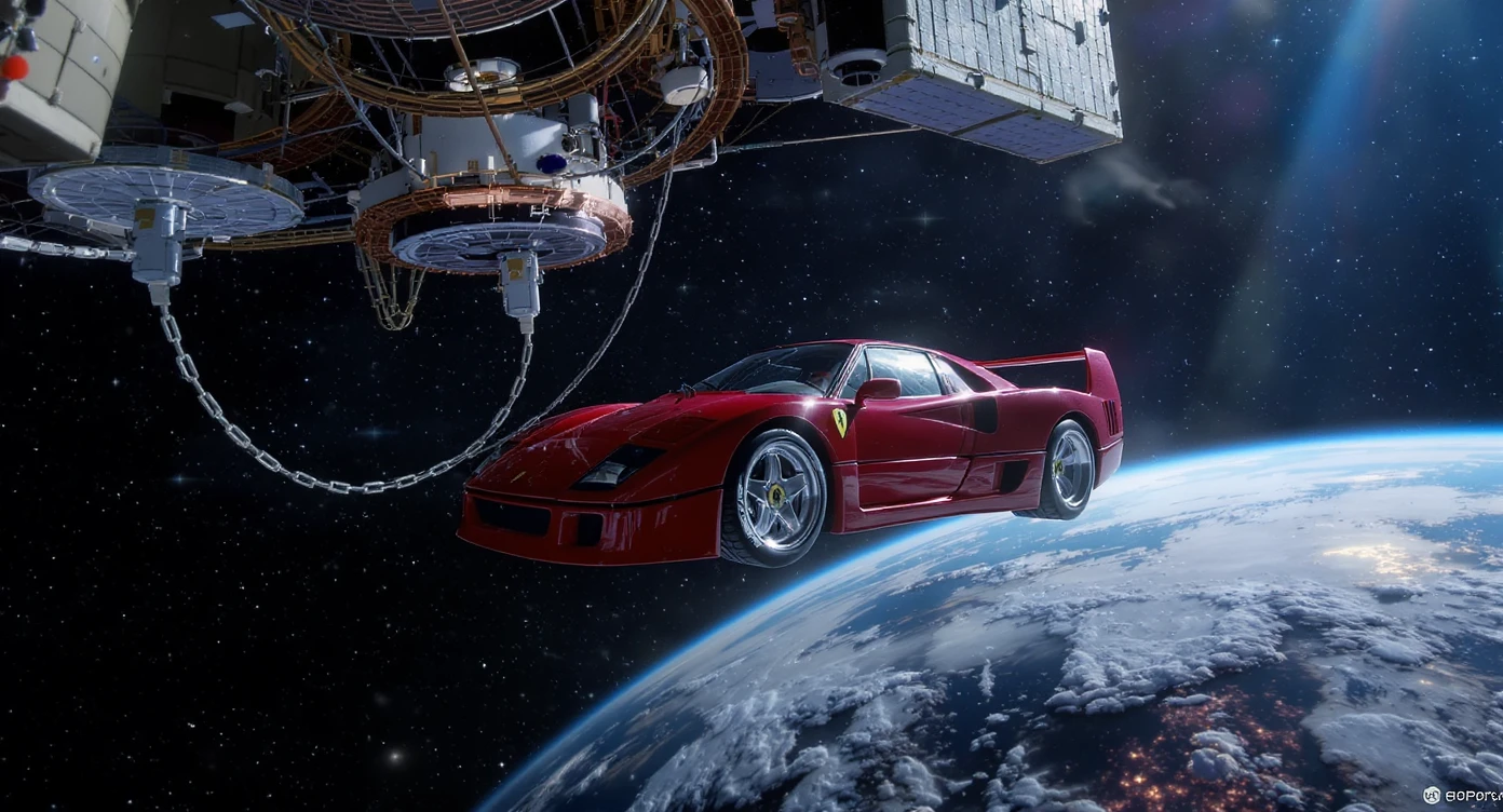 Cinematic still of a ferrari f40 floating in space, shot by space camera connect to spaceship, sun flare, big earth in background, captured by gopro emoji