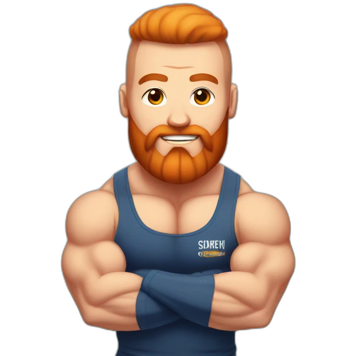 Bodybuilder A shaved-headed man with a red beard, in a T-shirt with the inscription POWERLIFTING emoji