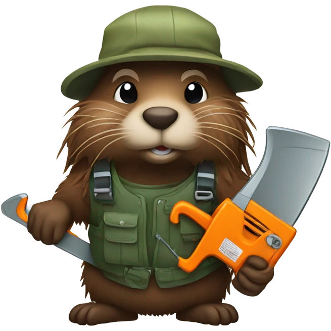 Beaver with dreadlocks in climbing gear with a chainsaw  emoji