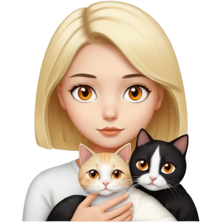 blonde girl with bob hair with brown eyes holding a black and white cat with orange eyes emoji