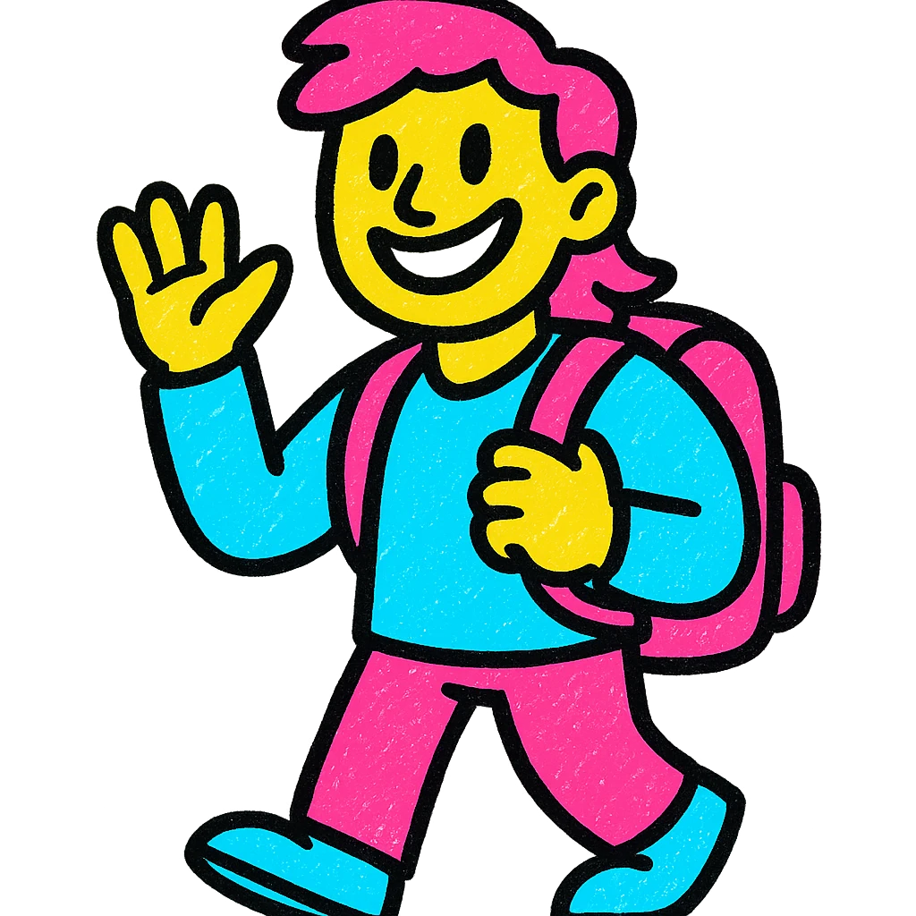 vibrant, smiling university student wearing a backpack, joyful and friendly, colorful style emoji