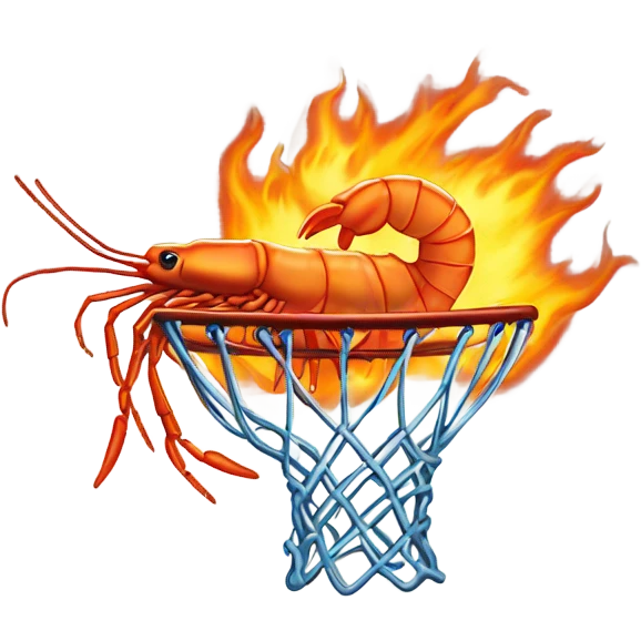 Flaming shrimp dunking on basketball hoop emoji