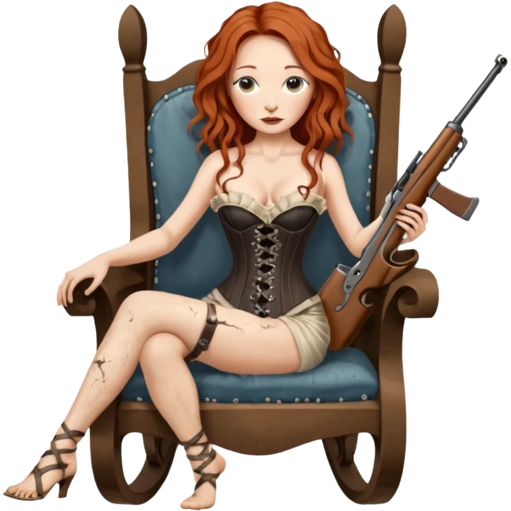realistic cinematic Tori Amos sits on a rocking chair in a torn corset, holding an antique rifle and her bare feet are muddy. A white snake is wrapped around the chair. emoji