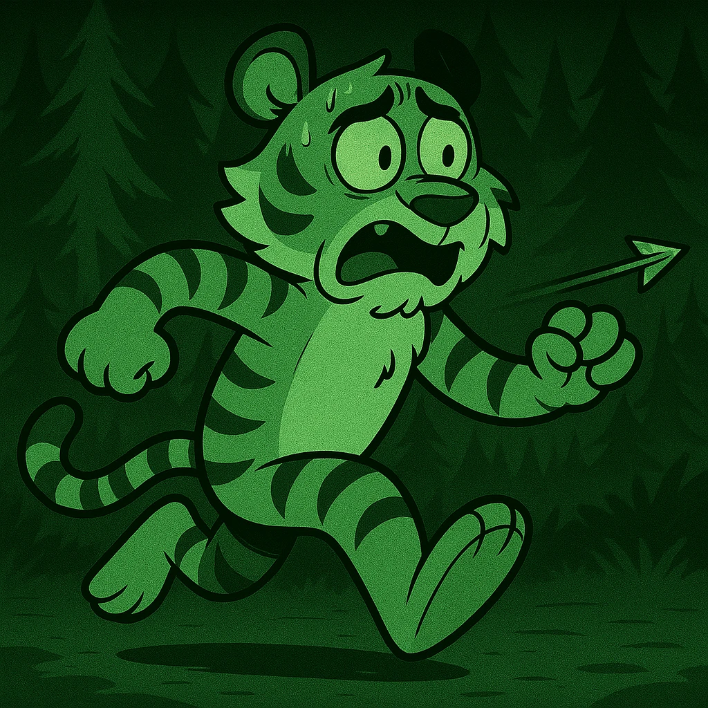 Make the cartoonish tiger run away from an arrow, add a dark forest background with a night vision effect, keep the flat toon style. emoji