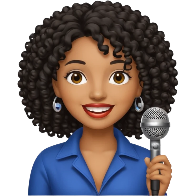 brown skin woman, curly black hair, singer, hold micro emoji