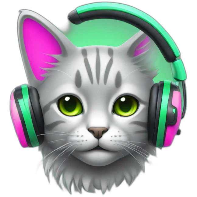 un gato gris con auriculares neon de color verde y rosa emoji